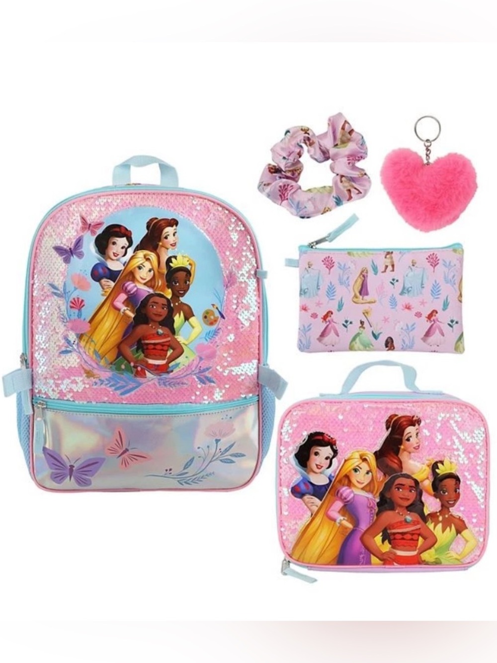 Disney Princess Sequin Backpack and Lunch Tote Set in Pink and Light Blue